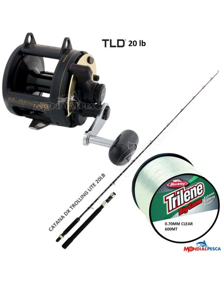 COMBO MULINELLO SHIMANO TLD20 + CANNA SHIMANO CATANA DX TROLLING LITE 20LB + BERKLEY TRILENE BIG GAME 600MT CLEAR 0.70MM