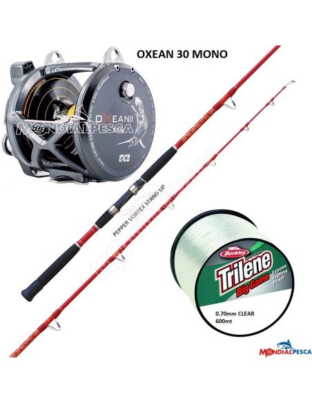 COMBO MULINELLO TICA OXEAN II MONO NEW MODEL 30LB + CANNA FALCON PEPPERS VORTEX STAD UP 30-50LB + BERKLEY TRILENE BIG GAME