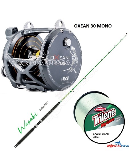 COMBO MULINELLO TICA OXEAN II MONO NEW MODEL 30LB + CANNA TICA WASABI TUNA ACID 30lb + BERKLEY TRILENE BIG GAME 600MT