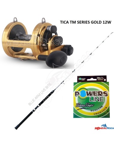 COMBO MULINELLO TICA TM SERIES GOLD 12W+CANNA FALCON BLUE ARM LIVE BAIT 8/16LB +POWERS LINE 300MT 0.25MM