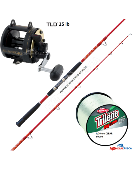 COMBO MULINELLO SHIMANO TLD 25 + CANNA FALCON PEPPERS VORTEX STAD UP 20-35LB+ BERKLEY TRILENE BIG GAME 600MT CLEAR 0.70MM