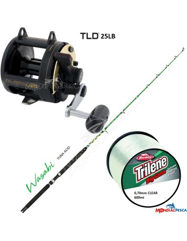 COMBO MULINELLO SHIMANO TLD 25 + CANNA TICA WASABI TUNA ACID 30LB + BERKLEY TRILENE BIG GAME 600MT CLEAR 0.70MM