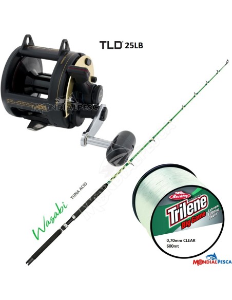 COMBO MULINELLO SHIMANO TLD 25 + CANNA TICA WASABI TUNA ACID 30LB + BERKLEY TRILENE BIG GAME 600MT CLEAR 0.70MM